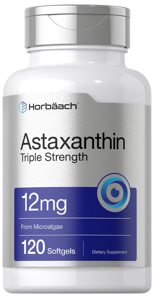 Horbäach Astaksantiini lisand | 12mg | 120 Softgels | Kolmekordne tugevus | mikrovetikatest | Mitte-GMO & Gluteenivaba