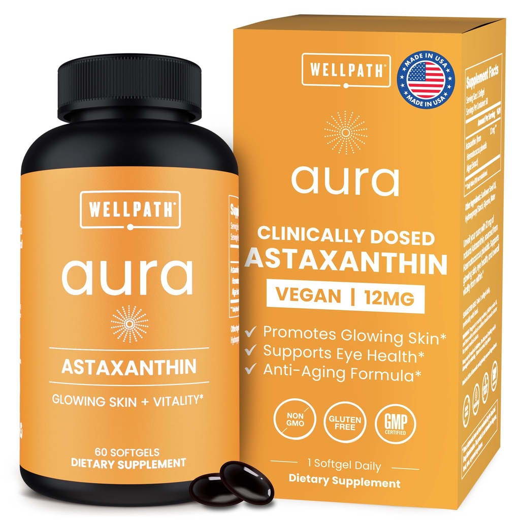 WellPath Astaxanthin 12mg Softgets | Vegan Astaxanthin Supplements from Microalgae | Antioxidants for Skin Hydration, Elasticity and Eye Health | Non-GMO, Made in USA, 2 Month Supply