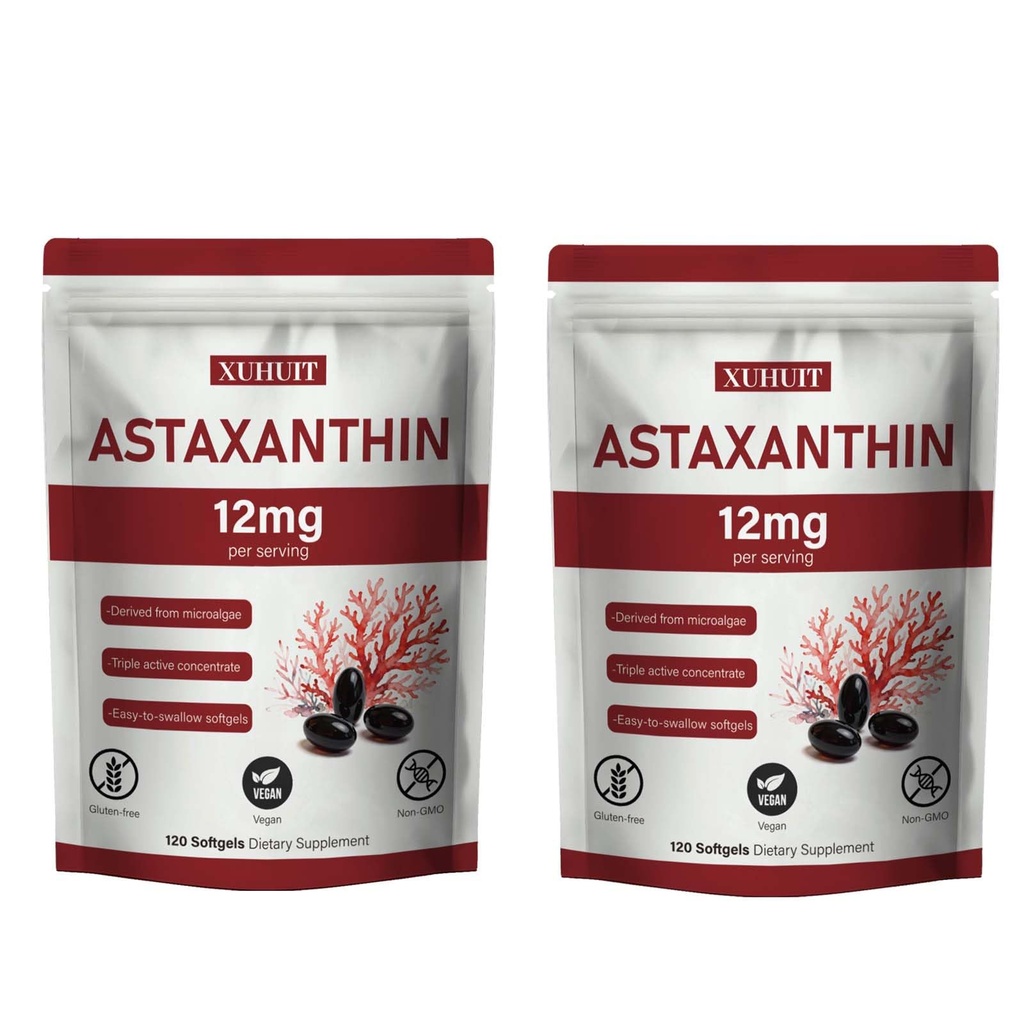 Astaksantiin 12 mg softgels | looduslik vetikatest saadud botaaniline ekstrakt (Haematococcus pluvialis) | Kerge neelamine, mitte-GMO, 120 loend koti kohta (2)