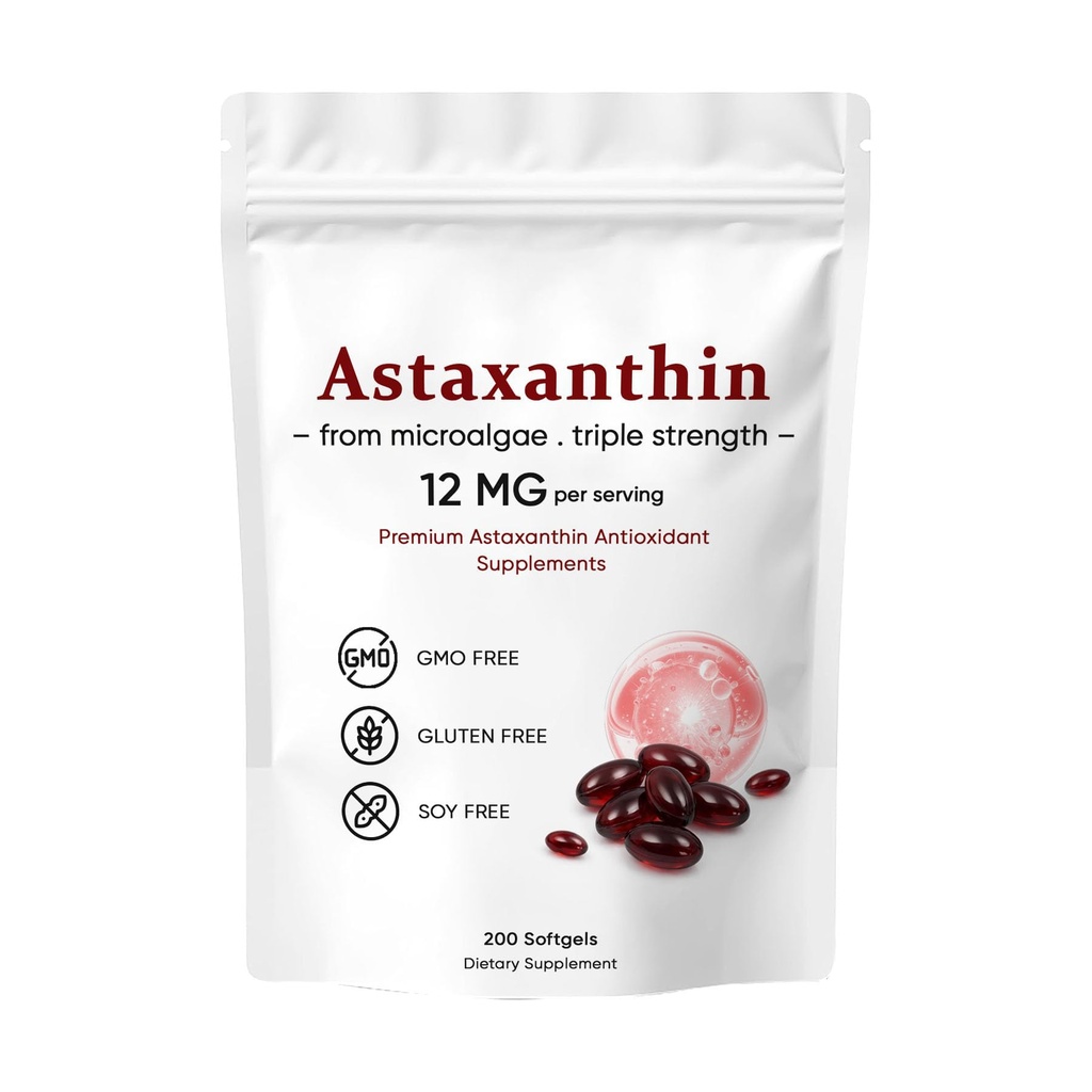Astaksantiin 12mg, Premium Astaksantiin Antioksüdant Toidulisandid, Toetab Silma, Naha, Immuunsüsteemi, Liigest, Siseringlust, Mitte-GMO Kontrollitud & Gluteenivaba - 200 Softgels