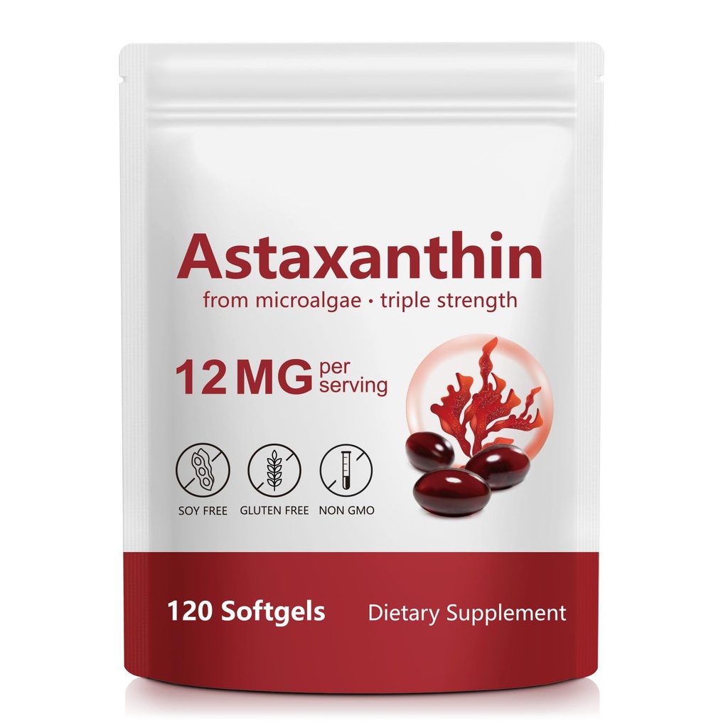 Astaksantiin Toidulisandid 12mg, Premium Astaksantiin Antioksüdandi Toidulisandid, Tugisilm, Aju, Liigesed, Naha Tervis, 4 Kuu Tarne, 120 Softgels, Lihtne Neelata, Mitte-GMO