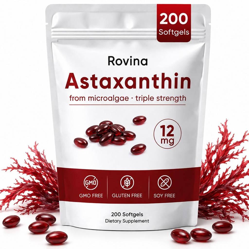 ROVINA Astaksantiini 12 mg Softgels, Antioksüdant täiendada toetab silma, nahka, immuunsüsteemi, liigest, siseringlust, mitte-GMO ja gluteeni vaba - 200 Softgels