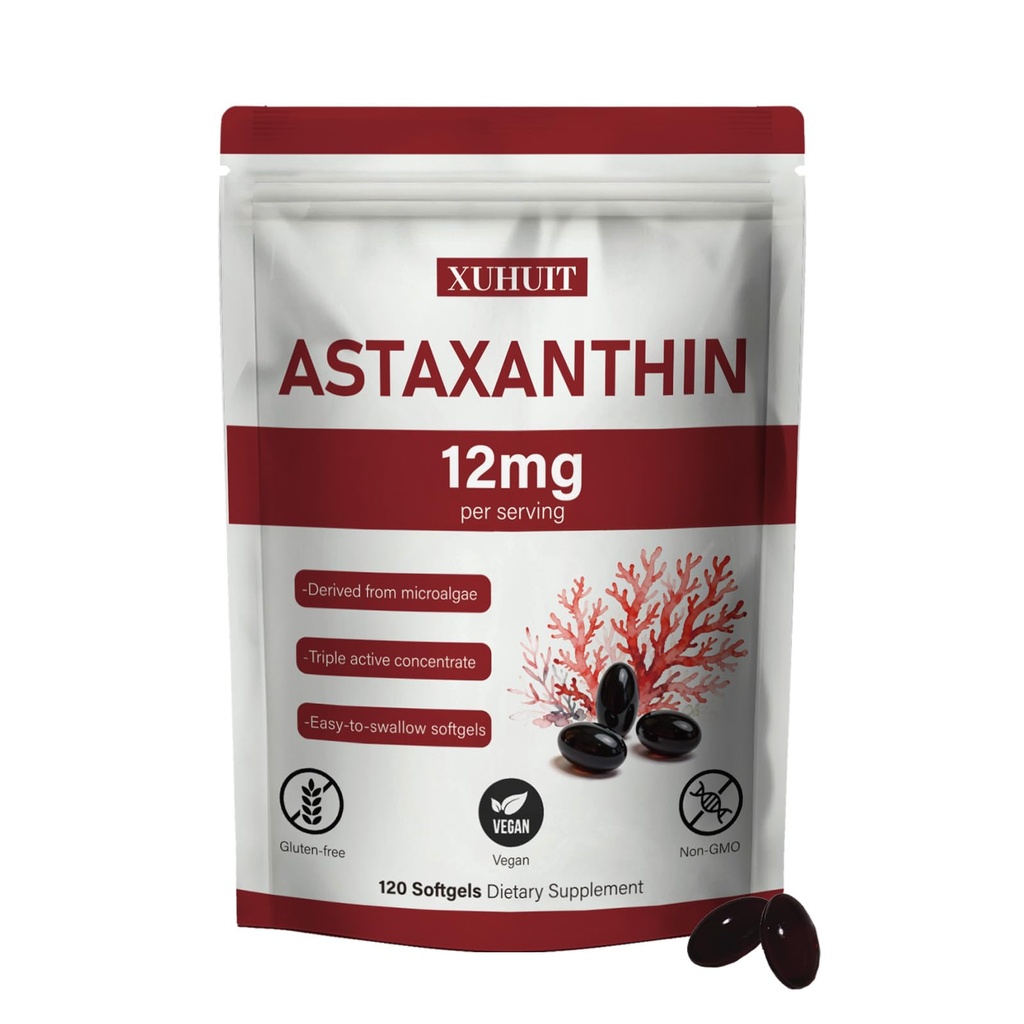 Astaksantiini lisand 12mg, 120 Softgels | Premium Natural Astaksanthin Antioxidant from Microvegae | High Strength, Non-GMO, Gluten and Soy Free Formula (1)