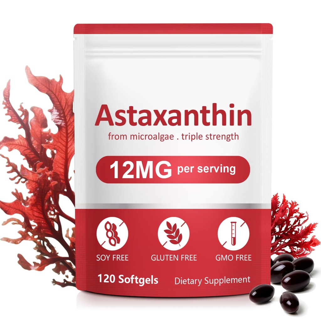 Astaksantiini täiendused, 12 mg astaksantiini looduslik vananemisvastane valem - toetab silmi, liigeseid, sisemist ringlust ja naha tervist, mitte-GMO mitte-gluteeni