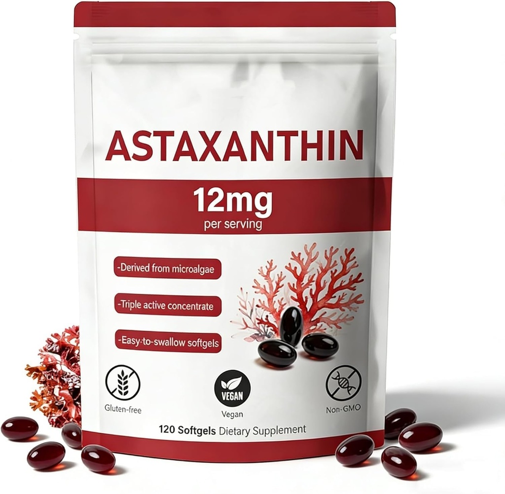 Astaksantiin 12mg, 120 Softgels, looduslik mikrovetikate allikas, mitte-GMO gluteenivaba, 4 kuu pakkumine