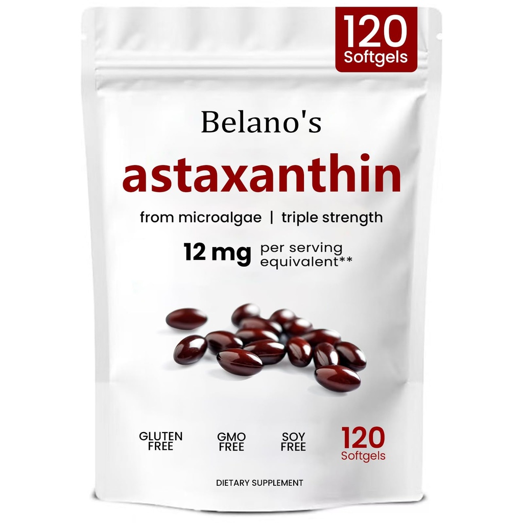 Belano astaksantiini 12mg, Astaksantiin Softgels, Premium Astaksantiini Antioksüdandi Lisa | Tervise ja Energia Toetus, Mitte-GMO, Vegan- Sõbralik & Gluteenivaba - 120 Softgels (1 kott)