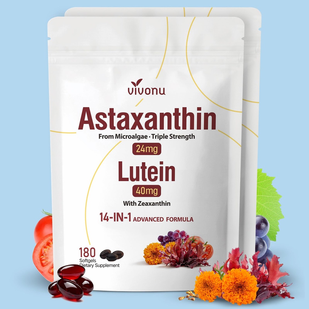 VivoNu 14-in-1 astaksantiin 24mg & luteiin 40mg koos Zeaxanthin toidulisanditega, 12 kuu pakkumine, 360 softgels, 2 kotti