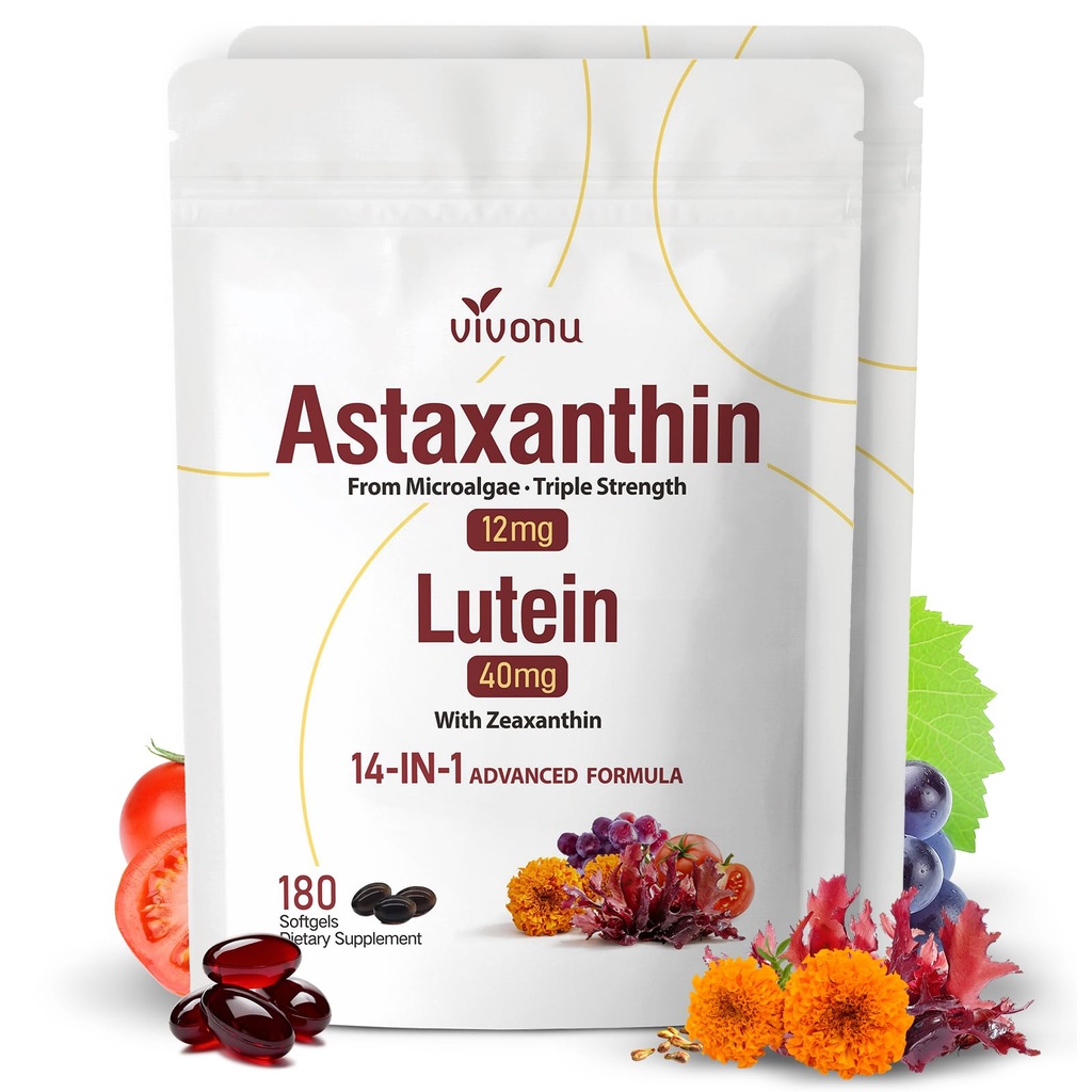 14-in-1 astaksantiin 12mg & luteiin 40mg koos Zeaksantiini lisanditega, 12 kuu pakkumine, värsked mikrovetikad Allikas, toetab silma, nahka, antioksüdandit, liigest, vereringet, mitte-GMO-d, gluteenivaba, 2 kott