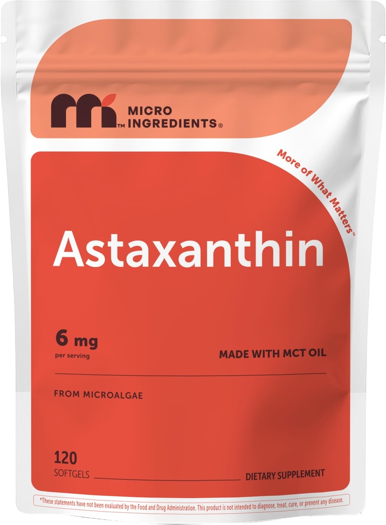 Mikrokoostisosad Astaksantiin 6 mg MCT õliga, 120 Softgels | Premium Astaksantiin Antioksüdandid Lisandid * | Värsked Mikrovetikad Allikas | Kolmekordne tugevus, mitte-GMO, Gluteenivaba, Sojata