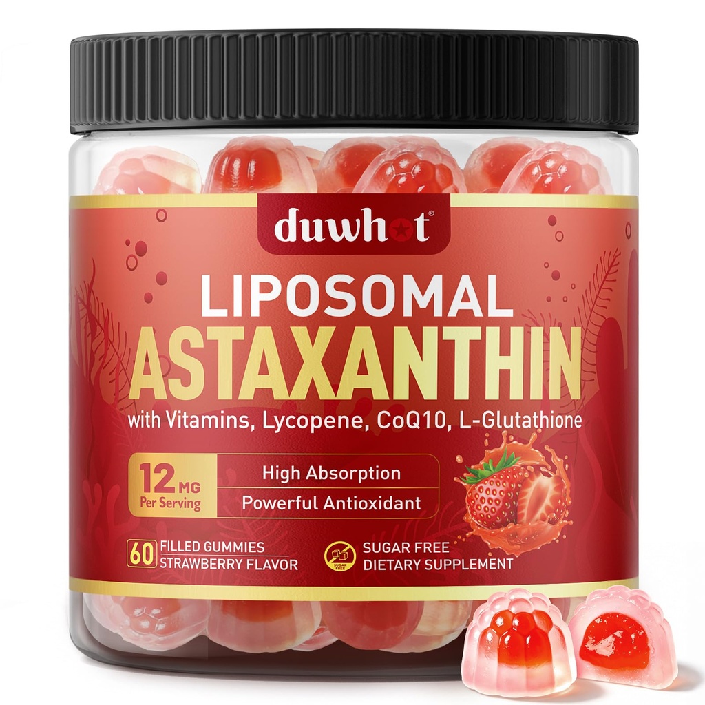 Liposomaalsed astaksantiin Gummies, orgaaniline astaksantiin 12 mg toidulisandeid koos lükopeeniga, glutatiooni võimsate antioksüdantide jaoks, pluss vitamiinid ja CoQ10 silma, naha ja immuunsüsteemi tervise jaoks, suhkruvaba, vegan, 60