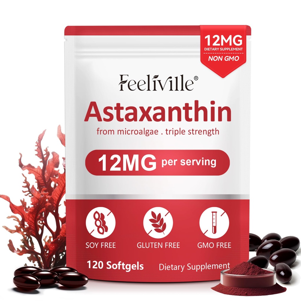 Astaksantiin Toidulisandid, Premium Astaksantiin 12mg Antioksüdandiga Antioksüdandiga, Toetab Silma, Liigest, Immuunsust, Naha Tervist, Siseringlust, 1Pack(120 Softgels), Mitte-GMO & Ei Gluteeni