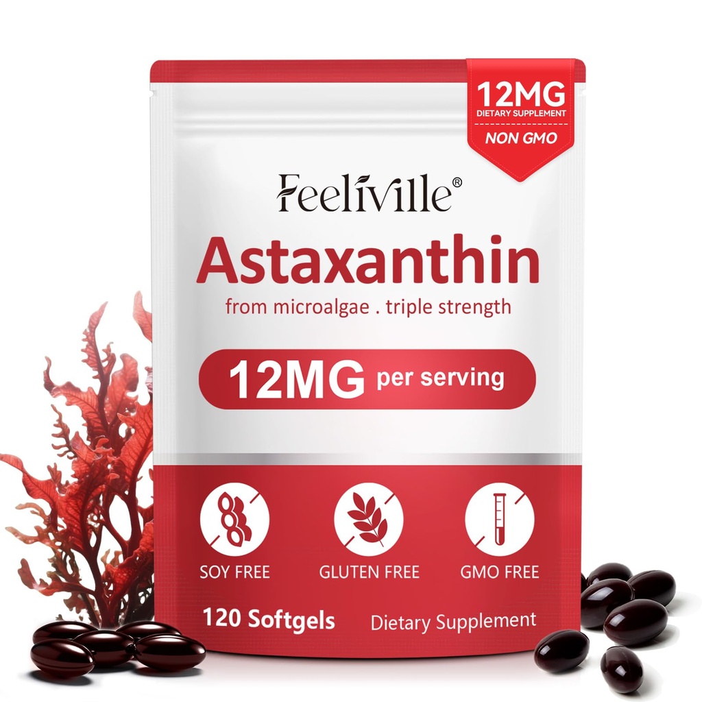 ABOUME Astaksantiin Toidulisandid, Astaksantiin 12mg, Värske Mikrovetikate Allikas, Toetab Silma, Immuunsüsteemi, Naha Tervist, Siseringlust | Mitte-GMO | Gluteenivaba (1PCS)