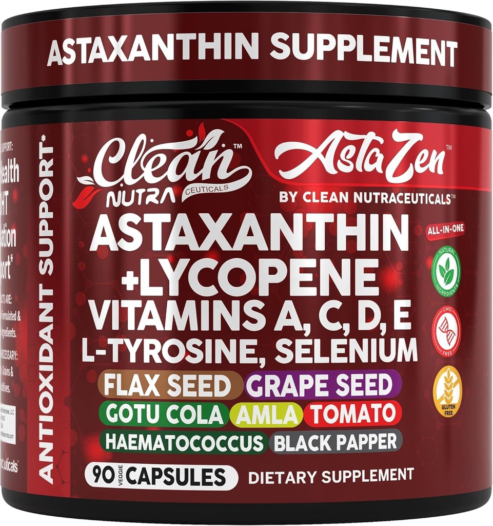 Puhas Nutra Astaksantiin 12mg Lükopeeni lisand koos A-vitamiiniga C D3 E, L-türosiini, Seleeni, Lina, Viinamarjaseemne, Gotu Kola, Amla, Must pipar, 90 kompleksset Veggie kapslit