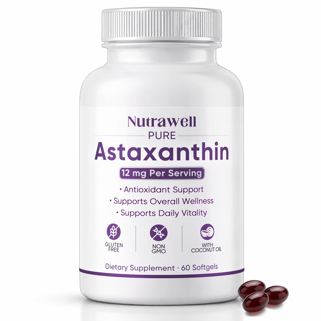 NutraWell Astaksantiin 12mg, kookosõli, antioksüdantide tugilisandiga, mitte-GMO, gluteenivaba, 60 Softgels