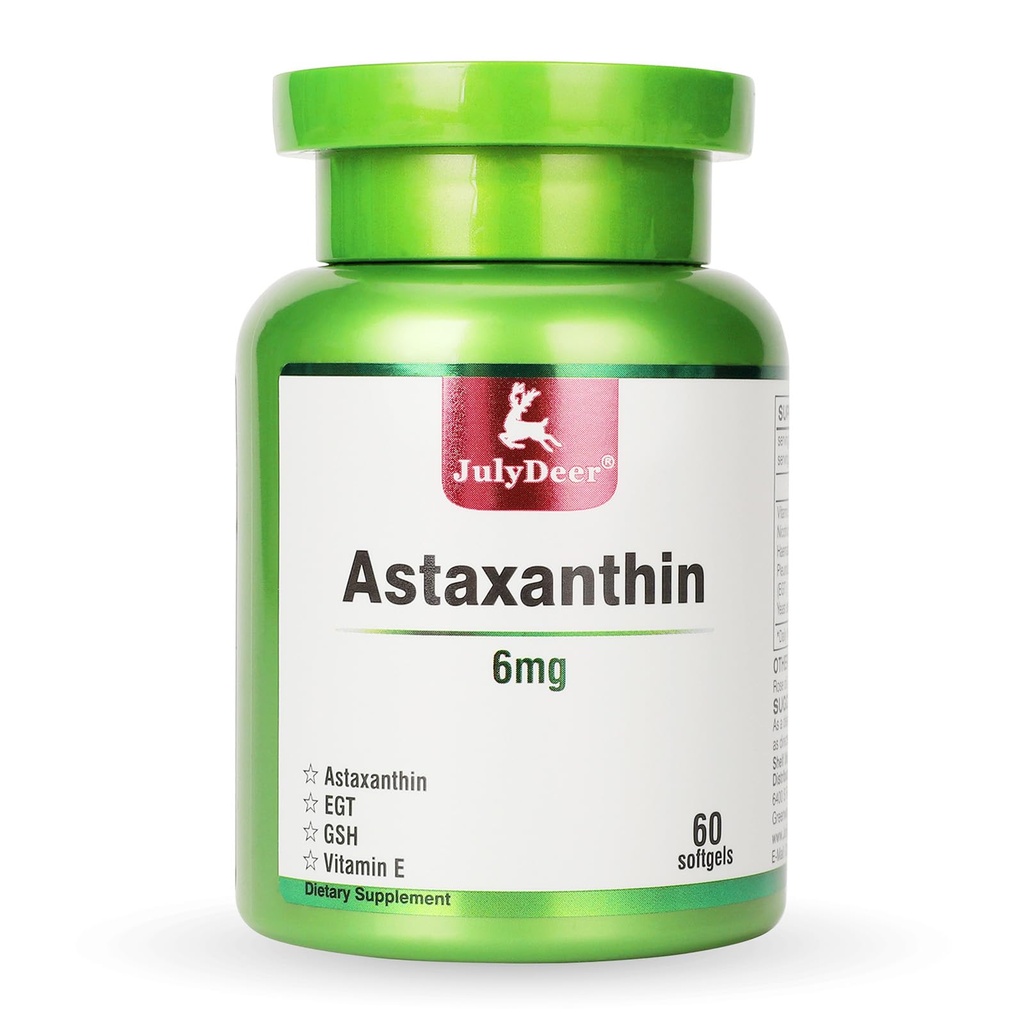 JulyDeer Astaxanthin 6 mg per Serving, 60 Softgels – Double Strength Microvegae – Natural Hematococcus Pluvialis Allikas – Antioksüdandid toidulisandid nahale, silmadele, liigestele ja immuunsüsteemile – Non-GMO