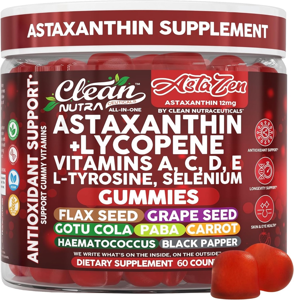 Puhas Nutraceuticals AstaZen Astaxanthin Gummies 12mg - koos lükopeeni, vitamiinid A C D E, L-türosiin & Selenium - Antioksüdandid Toetus Gummies - 60 Count