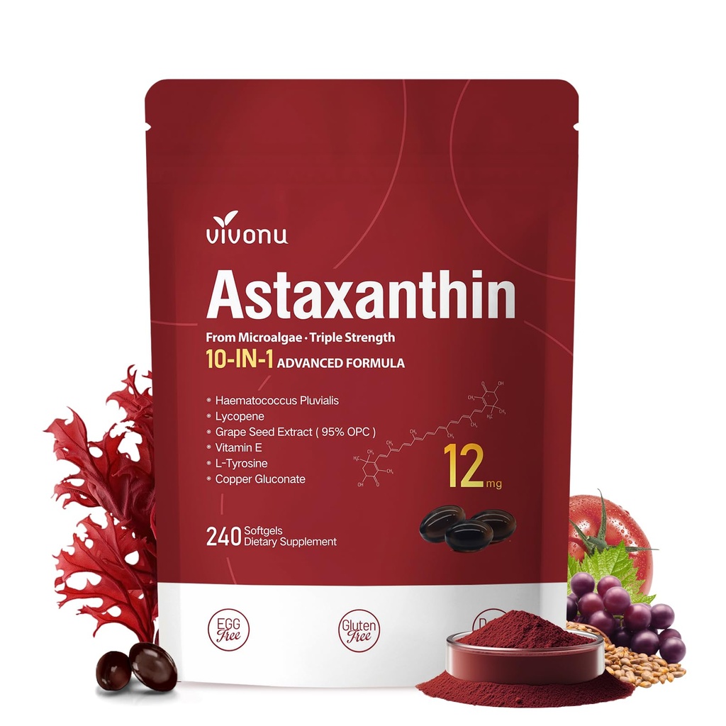 VivoNu astaksantiin 12 mg toidulisandeid, 240 Softgels, Fresh Haematococcus Pluvialis 10 in 1 Astaksantiin Antioksüdandid Toidulisandid, toetab silma, nahka, liigest, aju, südant ja immuunsüsteemi Tervis