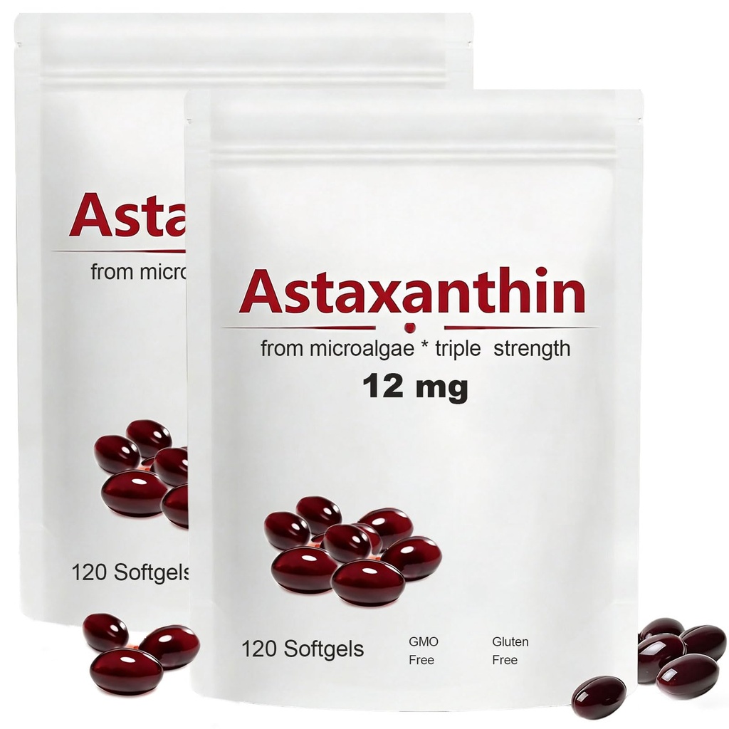 2pack Astaxanthin 12mg, 120 Softgels, Max Strength Antioxidant with Coconut Oil, Natural Formula, High Absorption for Eye & Skin Support, Natural Formula, Non-GMO, Gluten Free