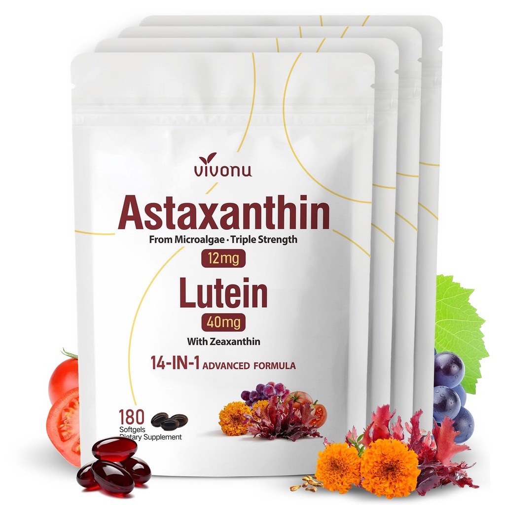14-in-1 astaksantiin 12mg ja luteiin 40mg koos Zeaksantiini lisanditega, 24-kuuline pakkumine, värske mikrovetikate allikas, toetab silma, nahka, antioksüdandit, liigest, vereringet, mitte-GMO-d, gluteenivaba, 4 kott