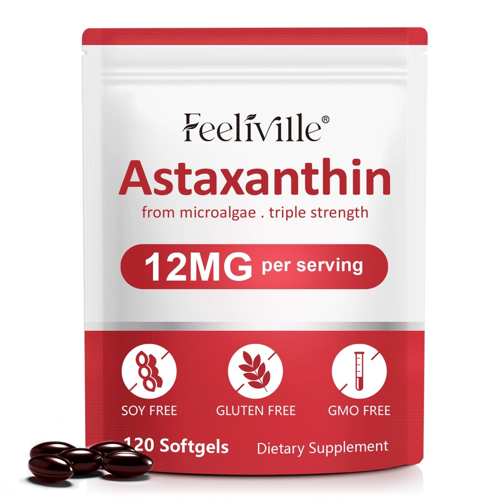 Astaksantiin 12mg (120 Softgels) - Premium Astaksanthin Antioksüdant Toidulisandid - Toetab Silma, Siseringlust, Immuunsüsteemi Ja Naha Tervist - Värsked Mikrovetikad Allikas - Mitte-GMO & Ei Gluteeni