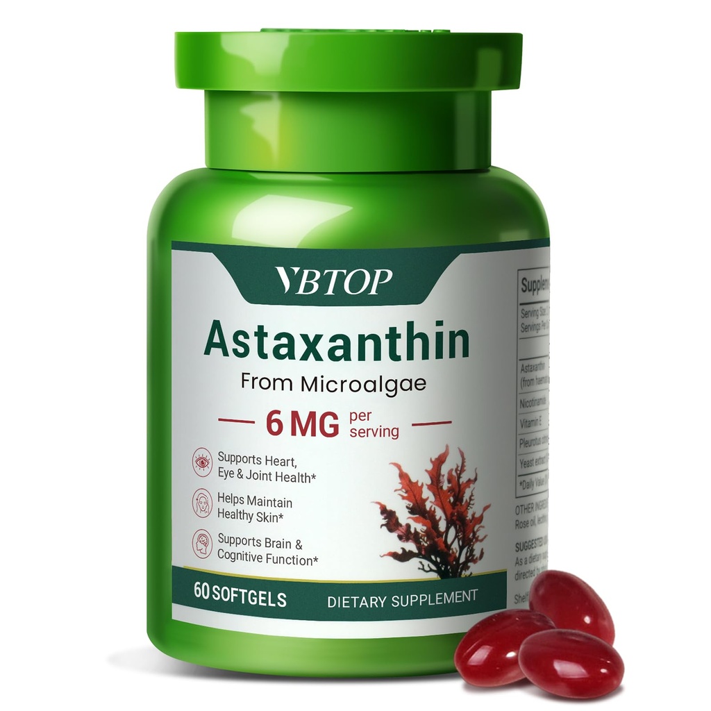 Astaksantiin 6 mg, Premium astaksantiini lisand antioksüdantse aktiivsusega, toetab silma, naha, liigese ja immuunsüsteemi tervist. Värsked mikrovetikad Allikas, mitte-GMO, Gluteenivaba - 60 pehmegeeli