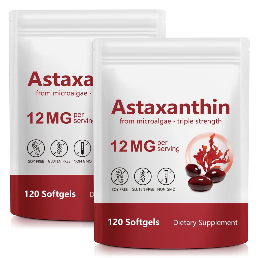 Astaksantiin 12mg, 120 Softgels, (2Pack) Premium Astaksantiini Antioksüdandi Toidulisandid Antioksüdandiga, Toetab Silma, Naha, Liigeste Ja Immuunsüsteemi Tervist, Värsked Mikrovetikad Allikas, Mitte-GMO
