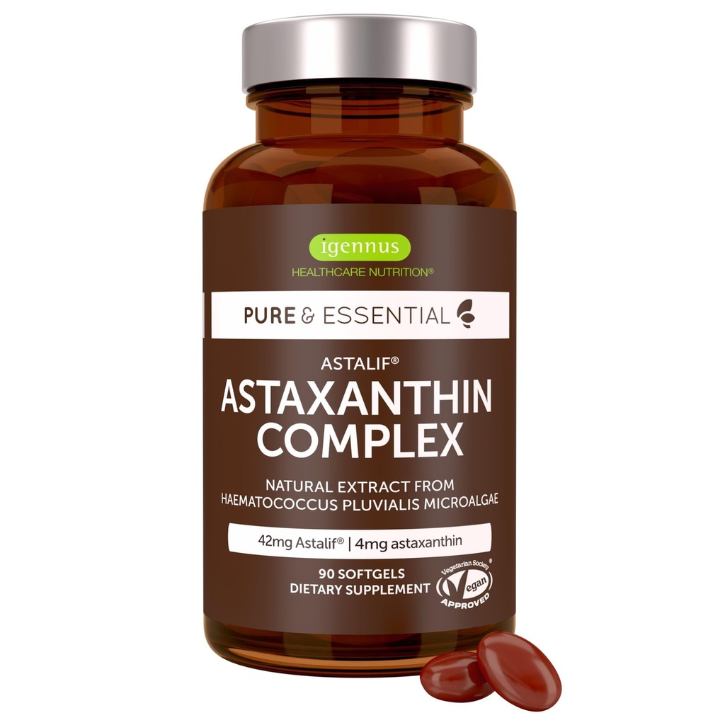 Igennus Vegan Astaxanthin 4mg kompleks Lutein ja Zeaxanthin, 90 väikesed Softgels, 42 mg Astapure, Natural vetikad Antioxidant for Eyes, Skin & Joints, Non-GMO, H. Pluvialis