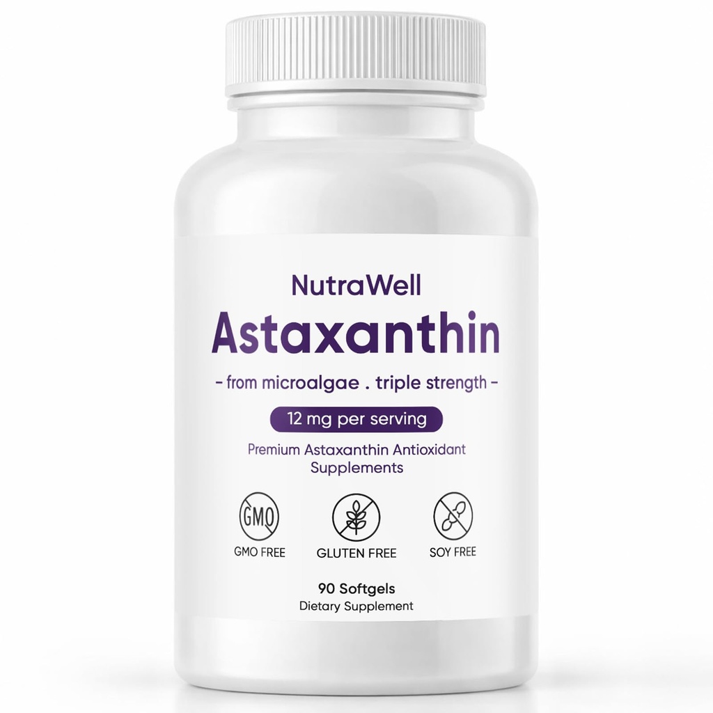 Nutrawell Astaksantiin - igapäevane antioksüdandi tervise täiendus loodusliku päritoluga astaksantiiniga puhas valem aktiivse täiskasvanute elustiili jaoks, mida on lihtne võtta kapslid - 90 Softgels (1)