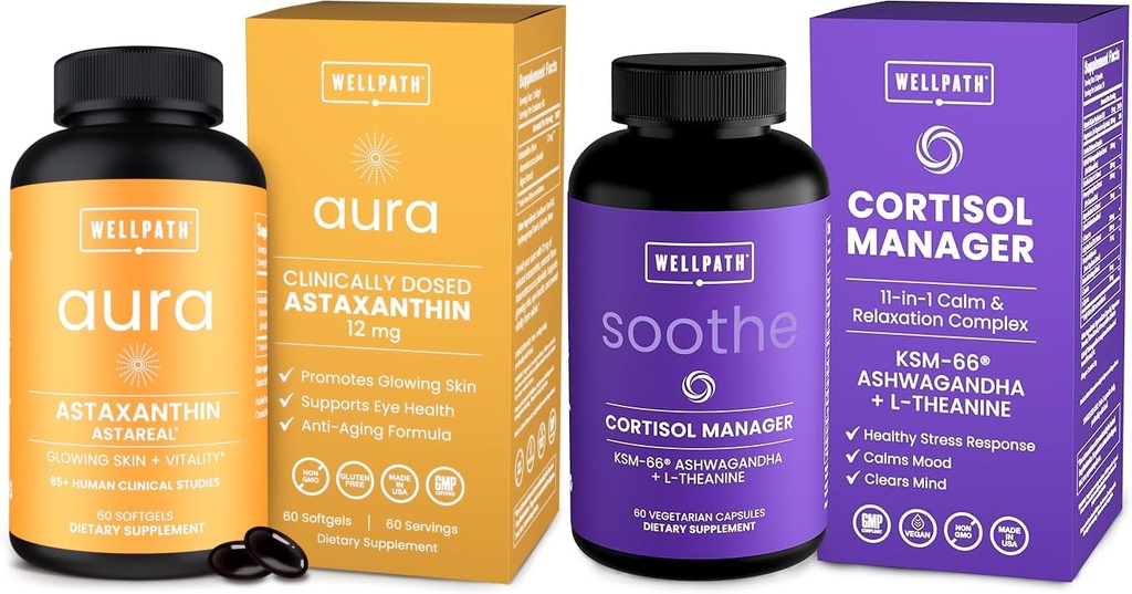 WellPath Astaksanthin 12mg - looduslikud astaksantiini lisandid mikrovetikatest - antioksüdandid mikrokoostisainetega ja Soothe Kortisooli haldur - Kortisooli lisandid KSM-66® Aswagandhaga naistele