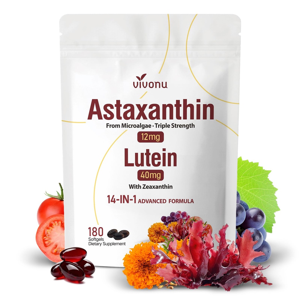 VivoNu Lutein 40mg koos Zeaksantiin + Astaksantiin 12mg - 14-in-1 silma tugi ja antioksüdant täiendus - lükopeen, viinamarjaseemned ja E-vitamiin - 180 Softgels