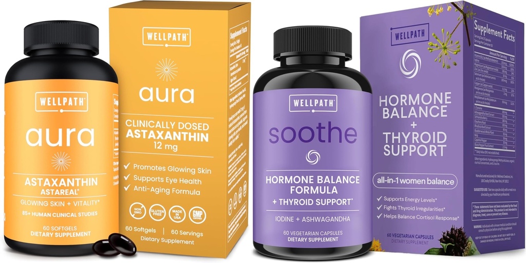 WellPath Astaksanthin 12mg - looduslikud astaksantiini toidulisandid mikrovetikatest ja Soothe hormoonide tasakaal naistele + kortisooli lisandid naistele  Thy Kilpnäärme tugi, meeleolu toetus