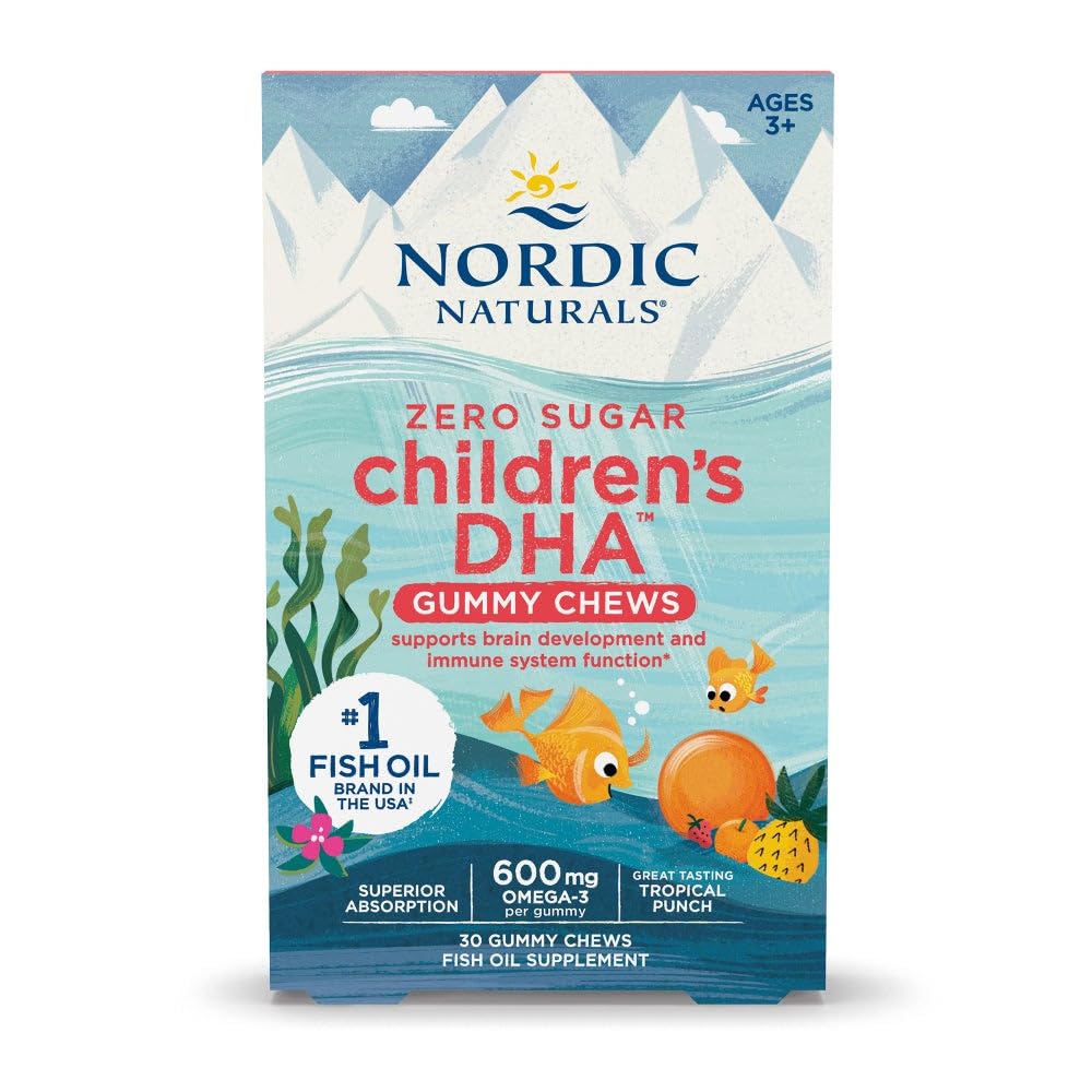 Nordic Naturals Zero Sugar Children's DHA Gummy Chews, Tropical Punch - 30 Gummy Chews for Kids - 600 mg Total Omega-3s - Aju areng, õppimine, tervislik immuunsus - Non-GMO - 30 Servings