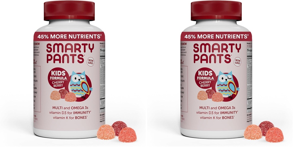 SmartyPants Kids Multivitamiin Gummies: Omega 3 kalaõli (EPA / DHA), vitamiin D3, C, vitamiin B12, B6, A, K & tsink immuunsuse toetamiseks, biotiin, viinamarjad, kirss ja marjamaitsed, 120 loend (30 päeva pakkumine)