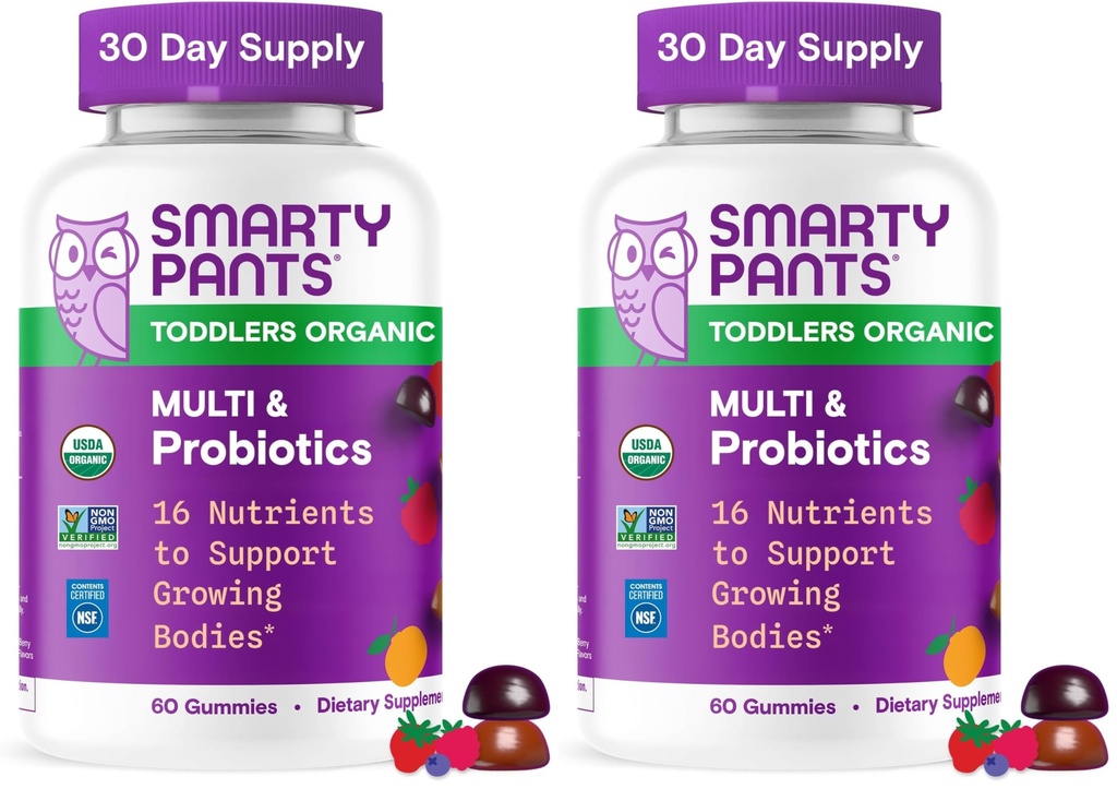 SmartyPants Organic Toddler Multivitamiin Gummies: Probiootikumid, Omega 3 (ALA), Vitamiin D3, C, Vitamiin B12, B6, A, K&Zinc, Beeta-karoteen, Gluteenivaba, Kolm puuviljamaitset, (30 päeva pakkumine), 60 loend (2. pakk)