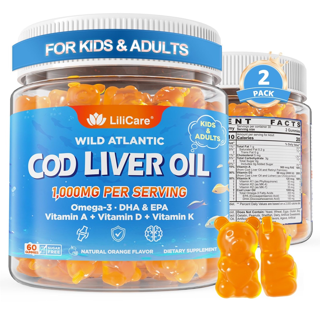 Tursamaksaõli kummid 1000mg lastele ja täiskasvanutele - w / omega 3 (EPA & DHA), vitamiinid A, D3 & K2 - tursamaksaõli omega 3 kummid immuunsuse, aju ja kognitiivse toetuse jaoks, suhkruvaba, oranž maitse, 120Cts