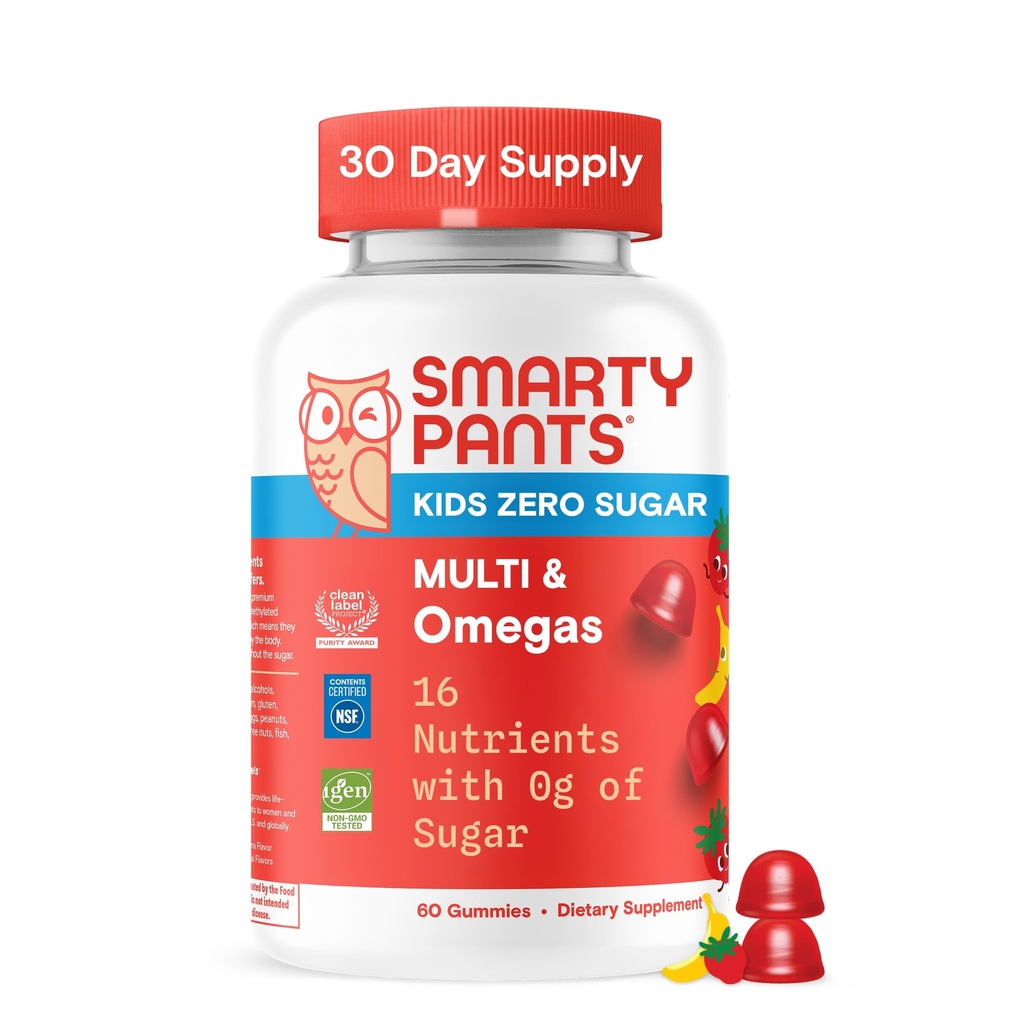 SmartyPants Kids Zero Sugar Multivitamiin Gummies: Omega-3, vitamiinid D, C, A, taimepõhine, gluteenivaba, maasika banaan Maitse, 60 Count (30 päeva pakkumine)