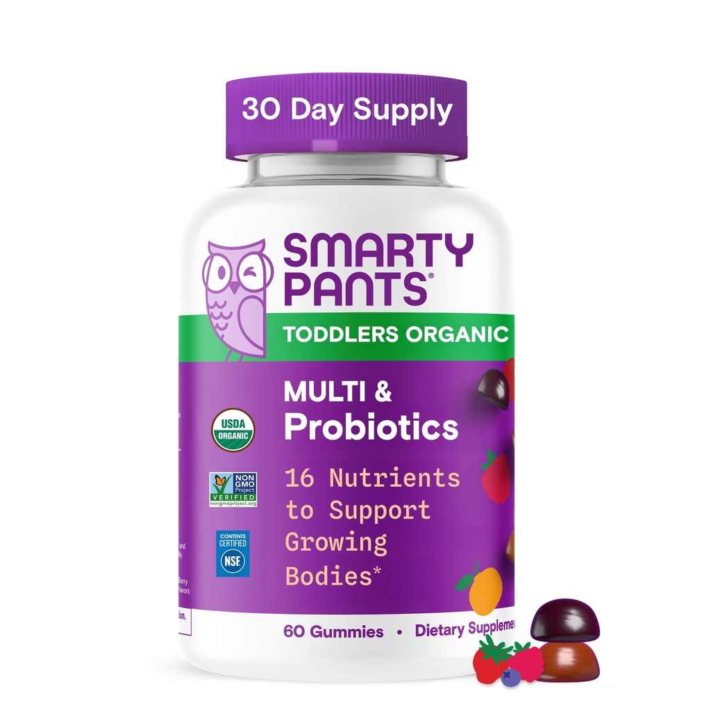 SmartyPants Organic Toddler Multivitamiin Gummies: probiootikumid, Omega 3 (ALA), Vitamiin D3, C, Vitamiin B12, B6, A, K & Tsink, Beeta-karoteen, Gluteenivaba, kolm puuviljamaitset, 60 loend (30 päeva pakkumine)