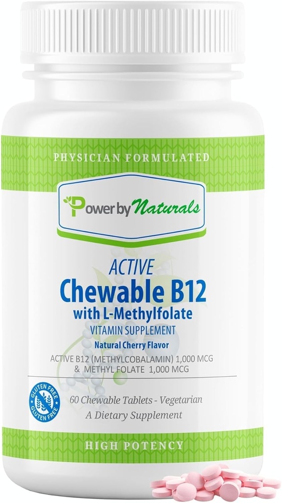 Power by Naturals Aktiivne näritav Metüülitud B12 L-metüülfolaadi lisandiga naistele ja meestele, kirsi maitse, 60 tabletti