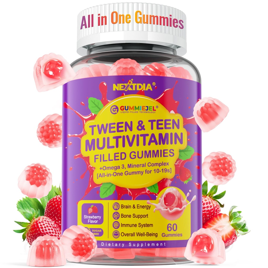 Nextdia Multivitamiini Täidetud Gummies Teen Boys Girls 12-17, 18, 19, Kids 10+ Multivitamiini Omega 3, Kaltsium + Magneesium + Tsink, Multi-Minerals for noorukite 10-19S Aju, Luu, Energia, Immuun