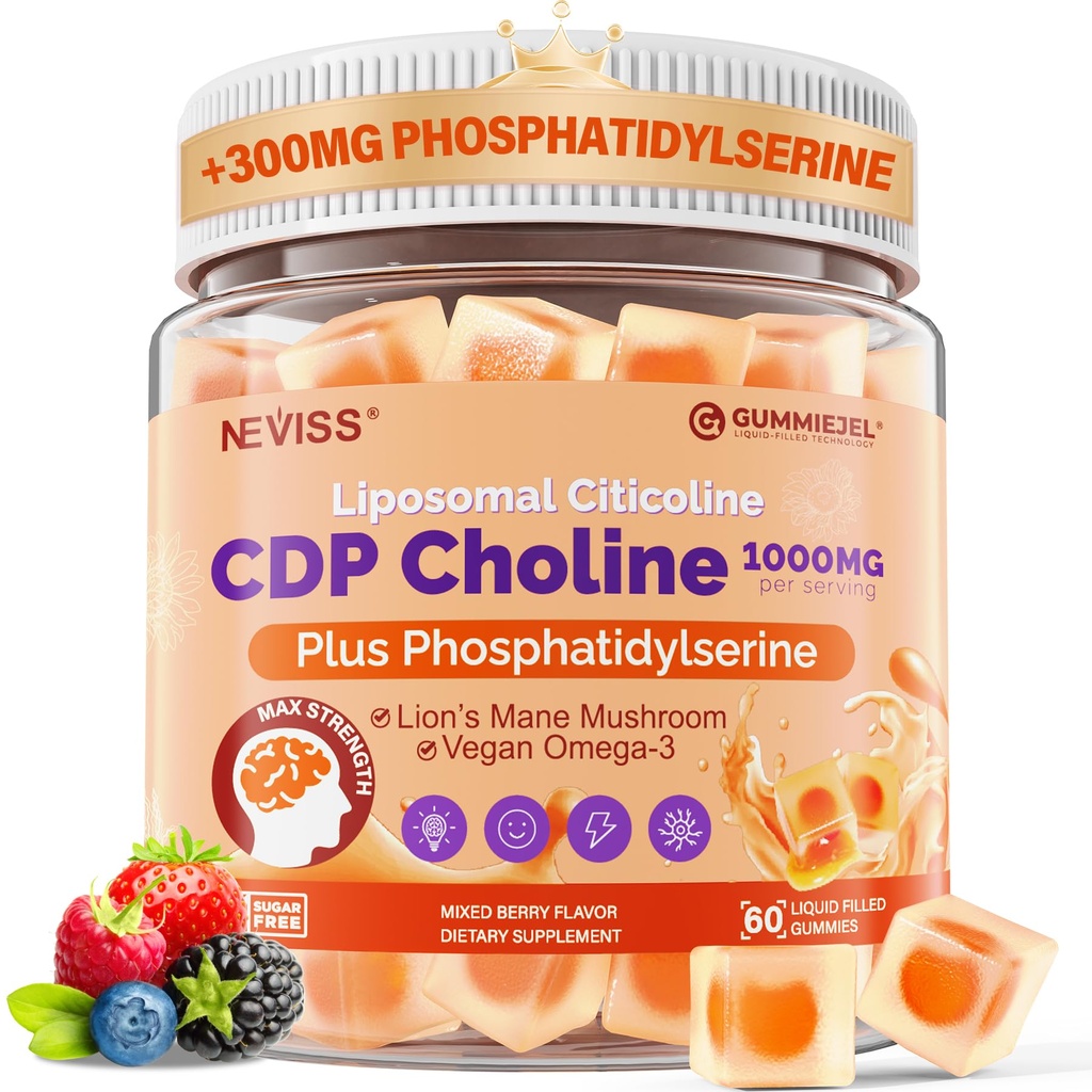 Tsitikoliin 1000mg & fosfatidüülseriin 300mg toidulisandid CDP-koliini kummikud, aju lisand mälule ja fookusele w / Lõvi Mane Seene, Omega-3, Metüülfolaat, B6 & B12, Non-GMO, Suhkruvaba, 60ct