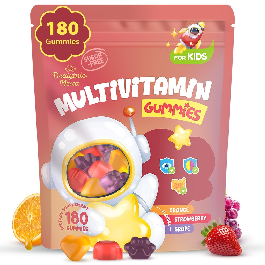 Lapsed Multivitamiini Gummies 180 Count - Silma, Aju Ja Soolestiku Toetus - Suhkruvabad Vitamiinid Lastele - Luteiini, Omega-3 DHA & Prebiootikumid - 3 Puuviljamaitsed - Vanused 2+
