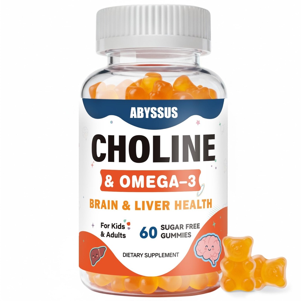 ABYSSUS Koliinikummid lastele ja täiskasvanutele, Suhkruvabad Koliini Bitartraadilisandid Algal Omega-3 DHA EPA & Active B6 B12, Brain & Maks Support, Vegan, 60 Count