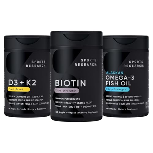Sport Research® Tervislik juuksepakend - Biotiin 5000mcg orgaanilise kookosõli + Vegan Vitamiin D 5000iu & Mk7 Vitamiin K 100mcg + Omega-3 Kalaõli 1250