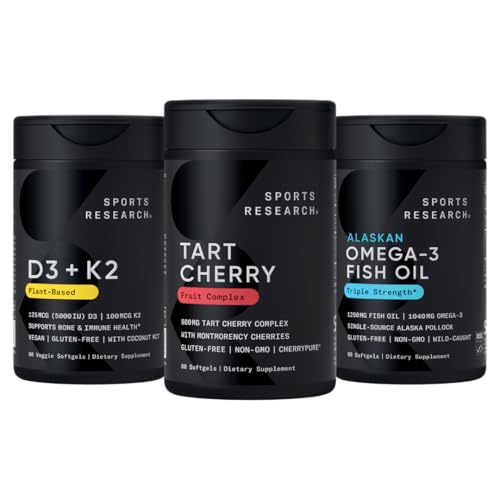 Sport Research® Multivitamiin Pack w/CherryPure® Tart Cherry Fruit Complex 800mg, Vitamiin D3 5000iu + K2 100mcg ja Alaska Omega-3 Fish Oil 1250mg - Non-GMO · Suhkruvaba · Gluteenivaba