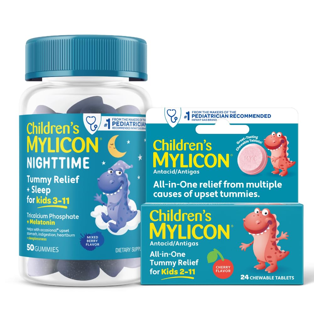 MYLICON Tummy Relief for Kids Bundle, Daytime Tummy Relief Tablets + Öised kummikud melatoniiniga