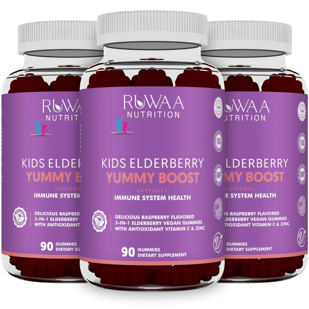 RUWAA TOITLUS Sambucus Elderberry Gummies lastele tsink ja vitamiin C: Antioksüdant, immuunsüsteemi tugivitamiinid, toetab immuunsüsteemi Tervis: taimetoitlane, gluteenivaba, želatiinivaba (3)