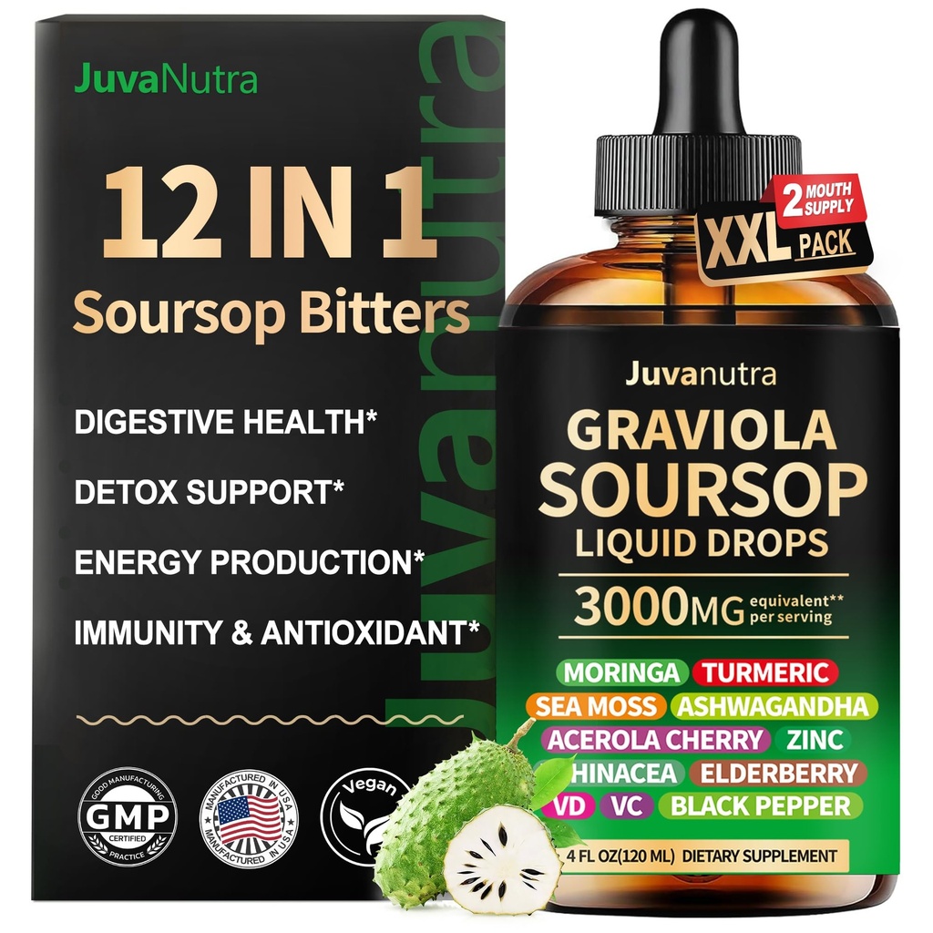(4 Fl Oz) Soursop Bitters Vedelik tilgad 12: 1 koos Sea Moss, Moringa, Kurkum, Echinacea & Ashwagandha ekstrakt - Taimne toonik seedetrakti heaolu ja immuunsüsteemi tugi