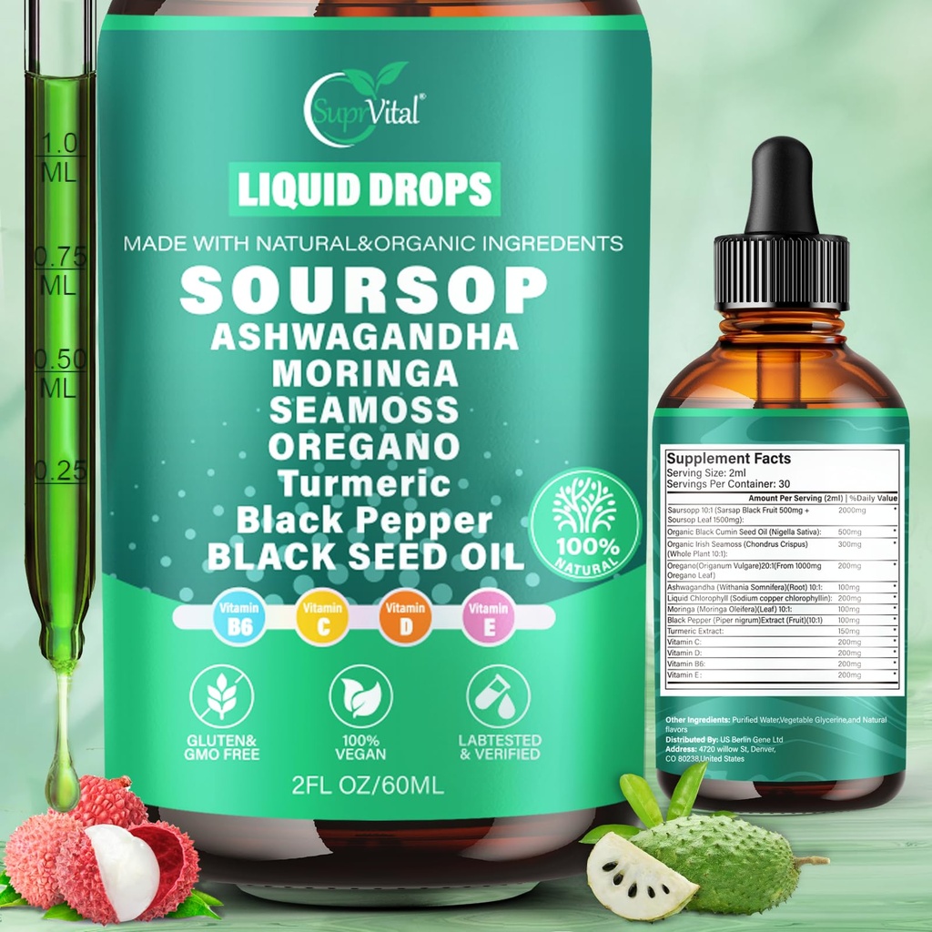 12-in-1 Soursop Bitters Vedelik tilgad 2000mg, Soursop tilgad koos ashwagandha, Black Seed Oil, Moringa, vt Moss looduslikud antioksüdandid, rakkude toetamine ja taastamine, Immune Boost, rikas vitamiini D & C