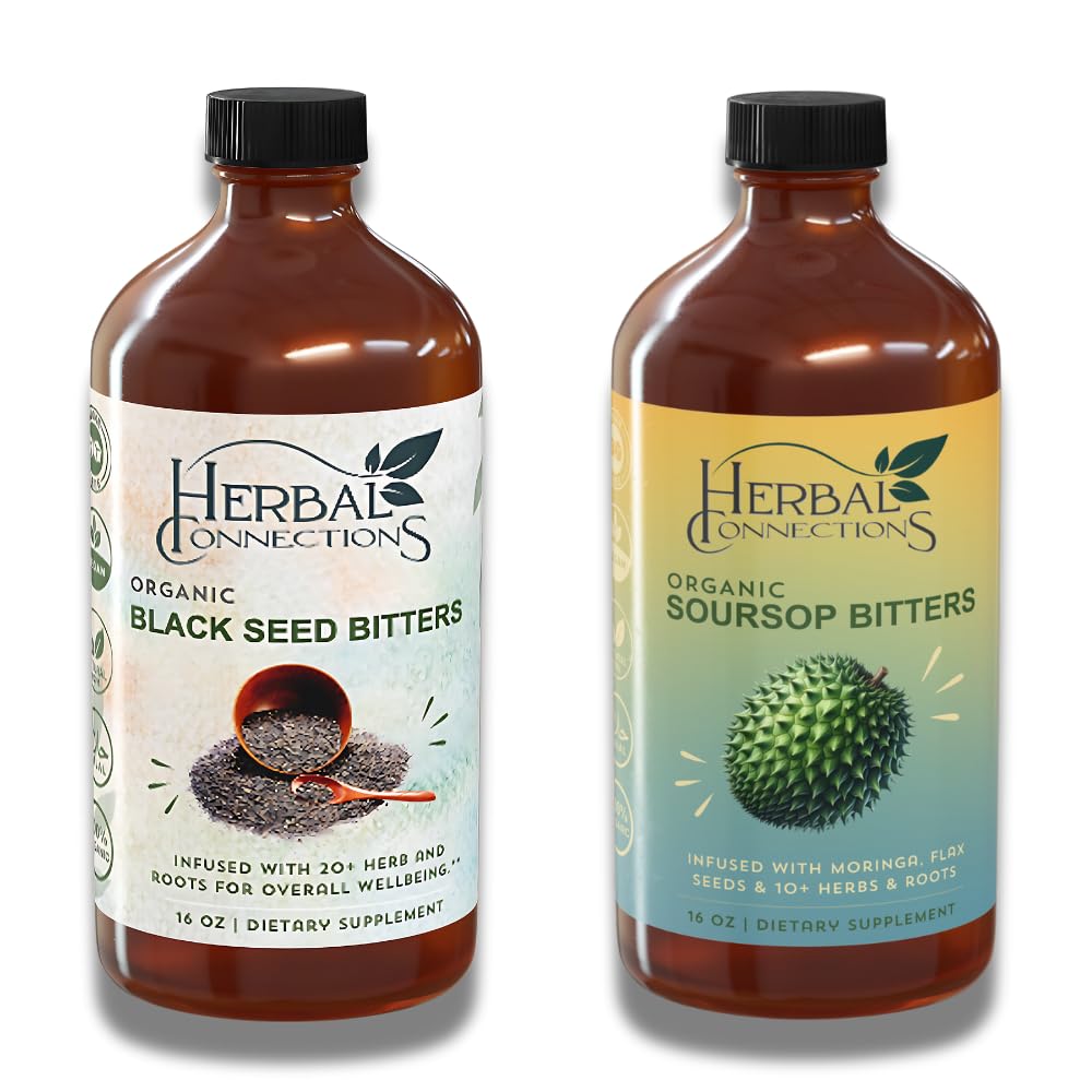 Taimsed ühendused Orgaaniline Soursop & Black Seed Bitters Bundle - looduslikud taimepõhised koostisosad õrn detox & seedetrakti tervise kaks pudelit, 32 Ounces (16 Ounces igaüks), 64 Servings