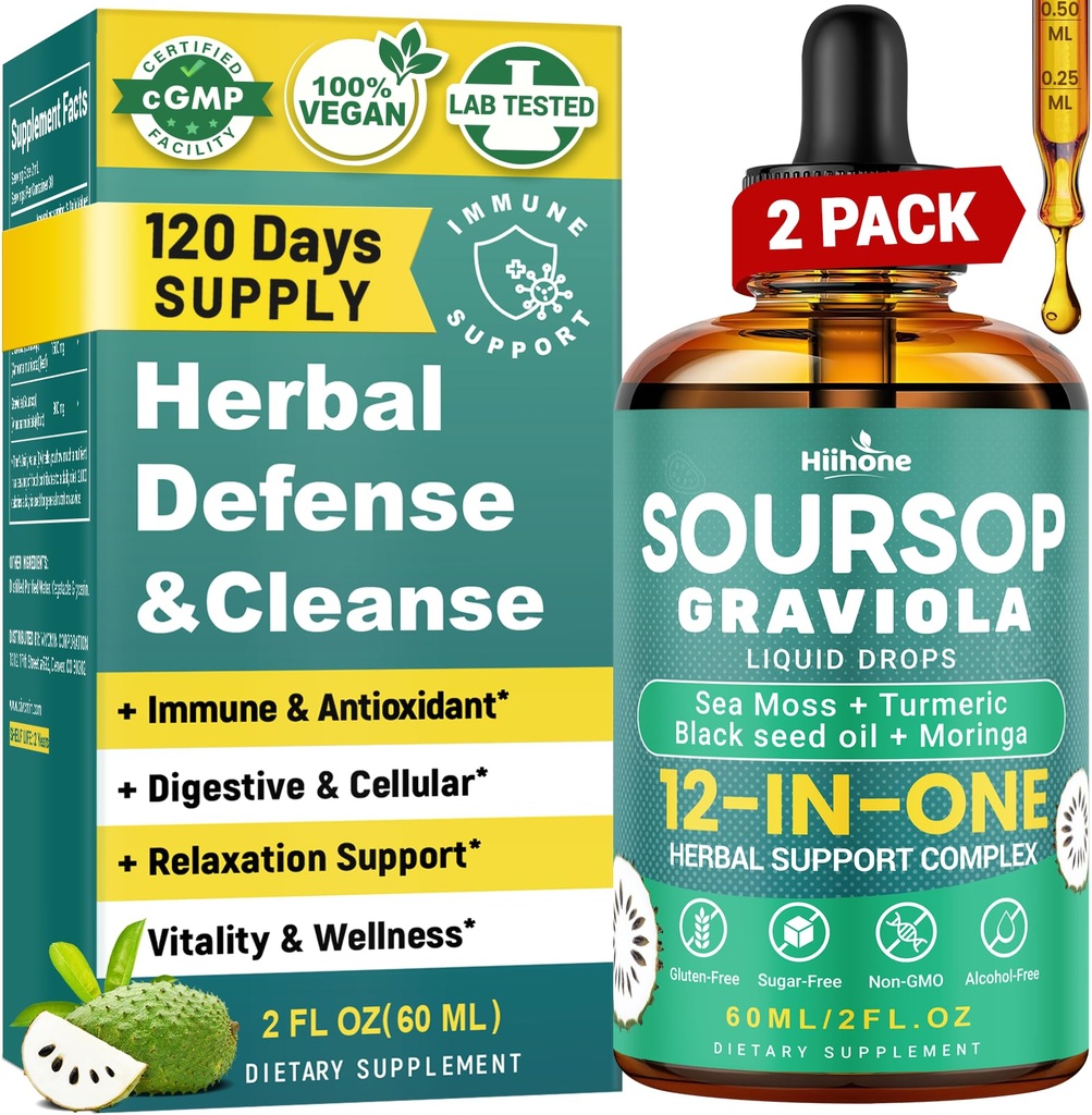 HIIHONE (2 Pack) 12-in- 1 Soursop Bitters Vedelad tilgad koos meresambla, musta seemne õli, moringa rakkude toetamiseks ja taastamiseks, immuunsus, maks, soolestik ja antioksüdant - 2 Fl Oz